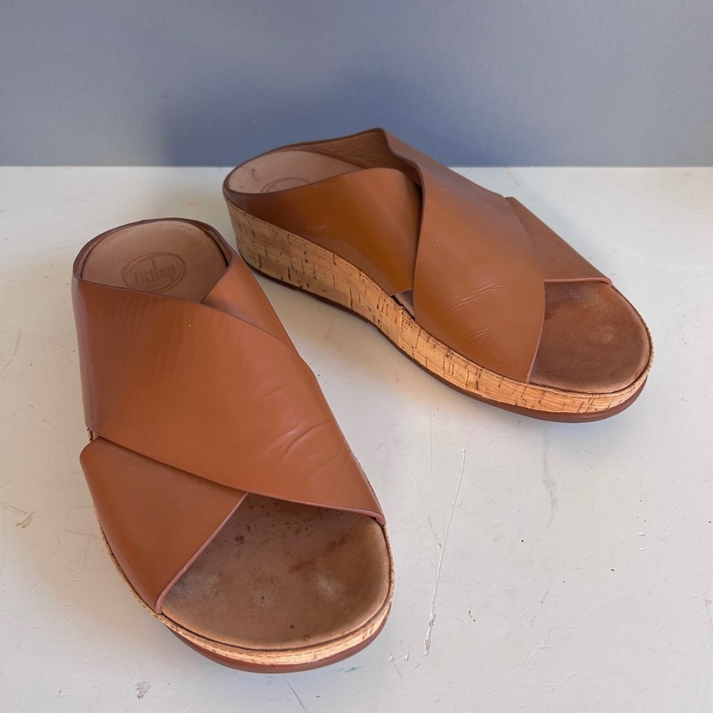 FitFlop wedge sandals womens size 8 KYS Brown Leather Criss Cross minimalist - Picture 2 of 9